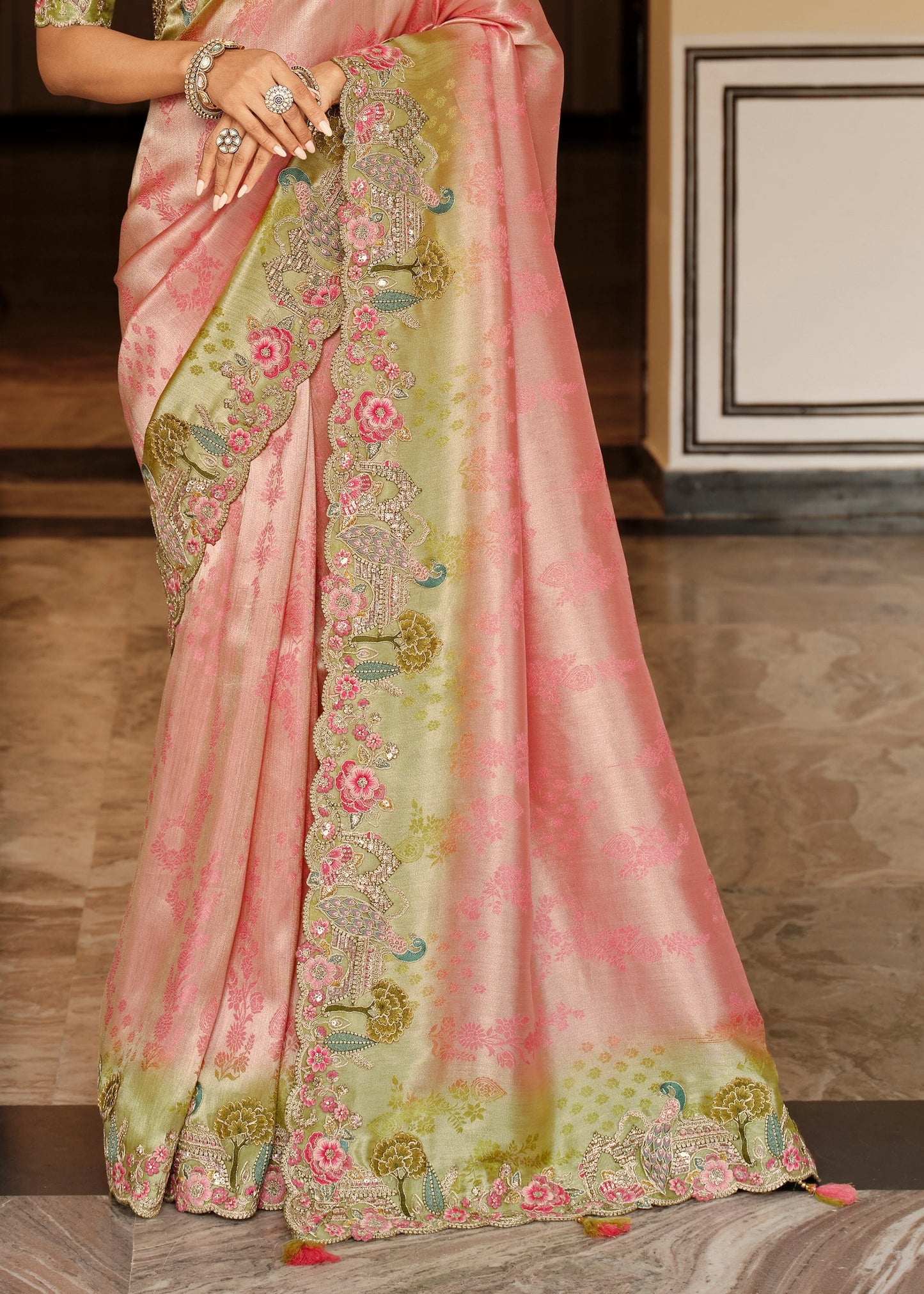 Pink Green Embroidered Border Zari Viscose Silk Saree With Dusty Green Blouse