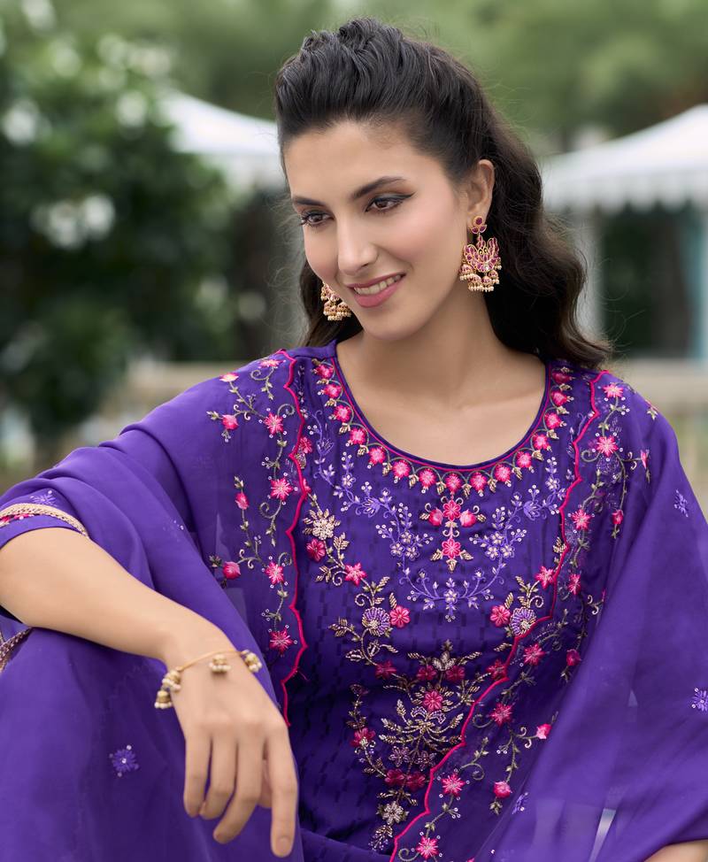 Purple Viscose Silk Embroidery Suit Set