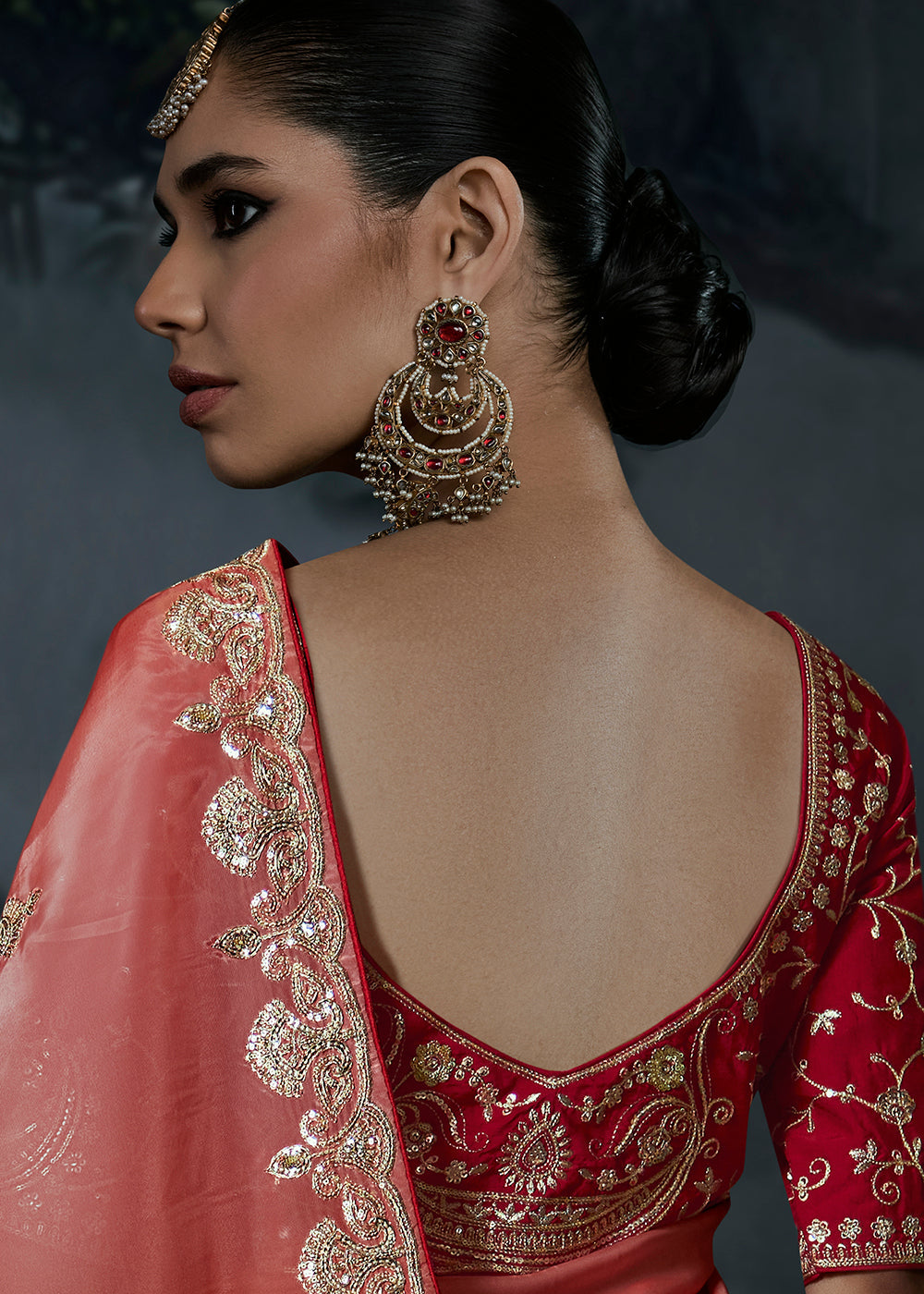 Orange Pink Ombre Tissue Silk Designer Saree