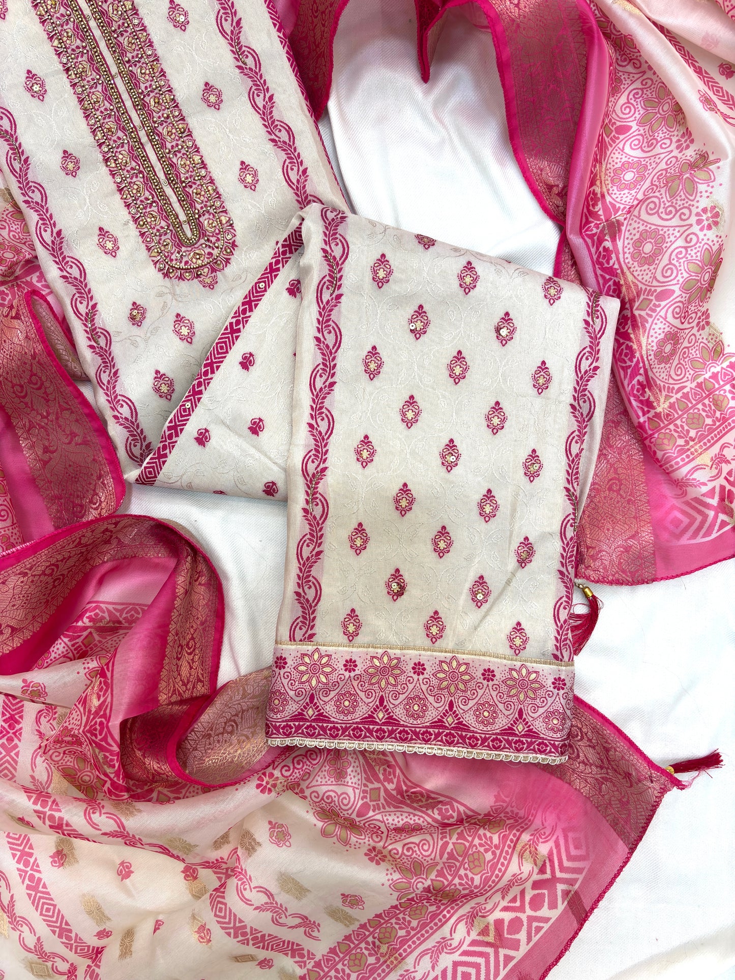 Cream Handwork Silk Unstitch Suit Set