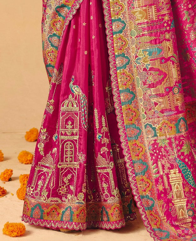 Rani Dola Silk Half Embroidery & Half Position Print Saree