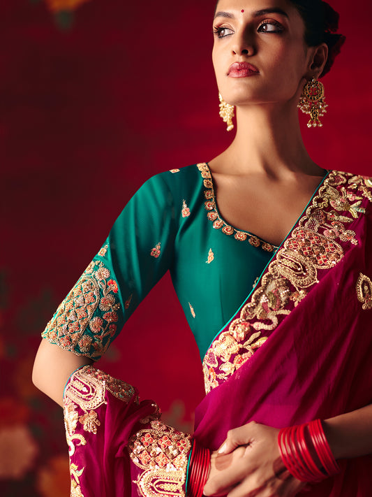 Magenta Pink Tissue Silk Designer Saree