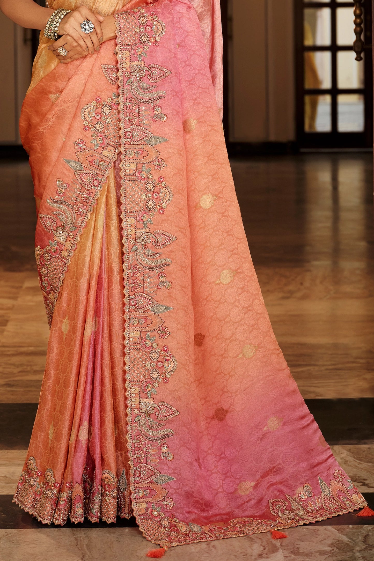 Peach, Coral Orange & Pink Embroidered Border Zari Viscose Silk