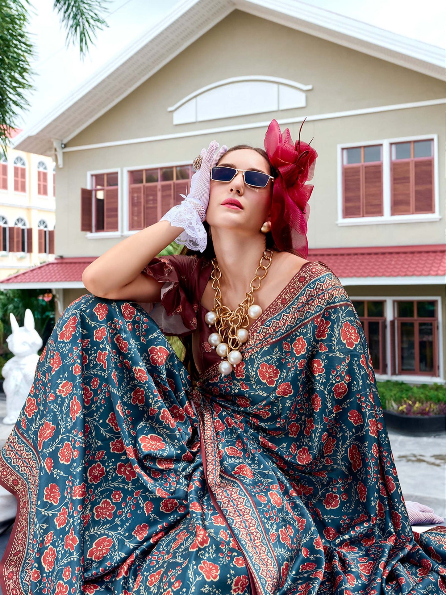 Floral Blue Satin Crepe Digital Printed Saree