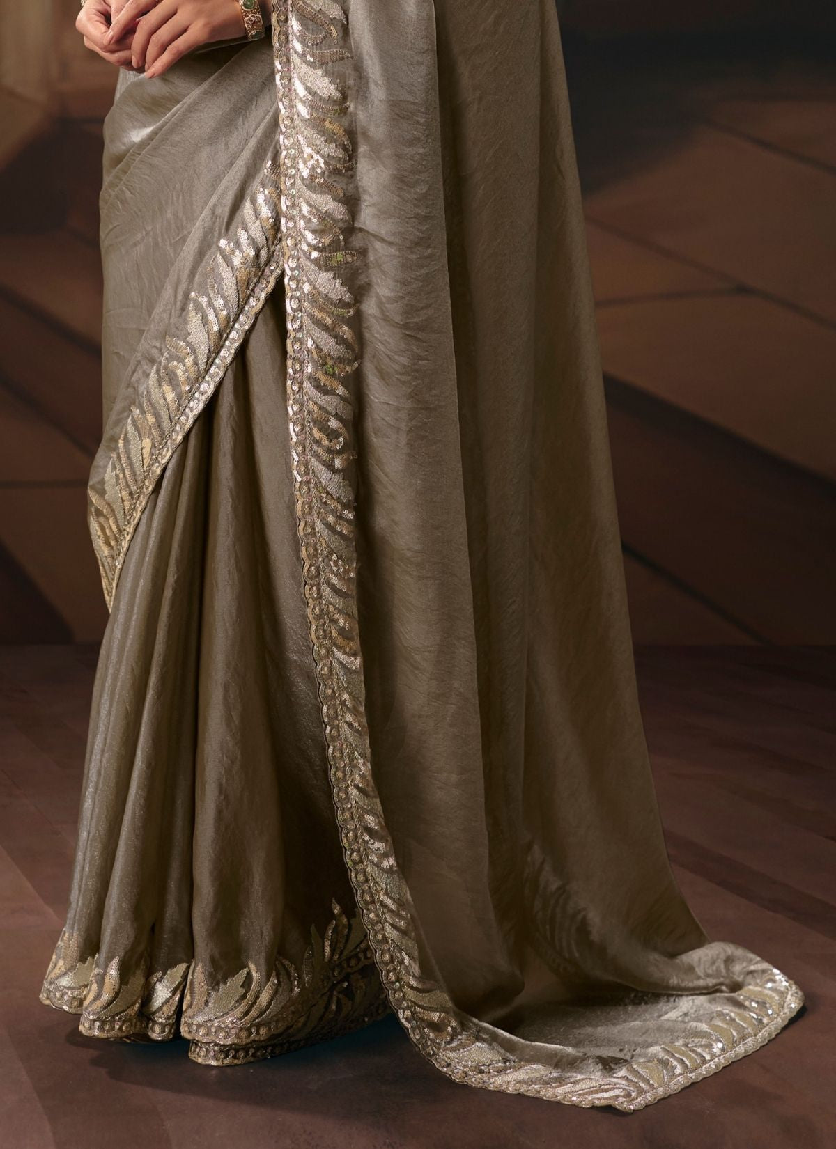 Stone Grey Art Silk Sequin Work Saree