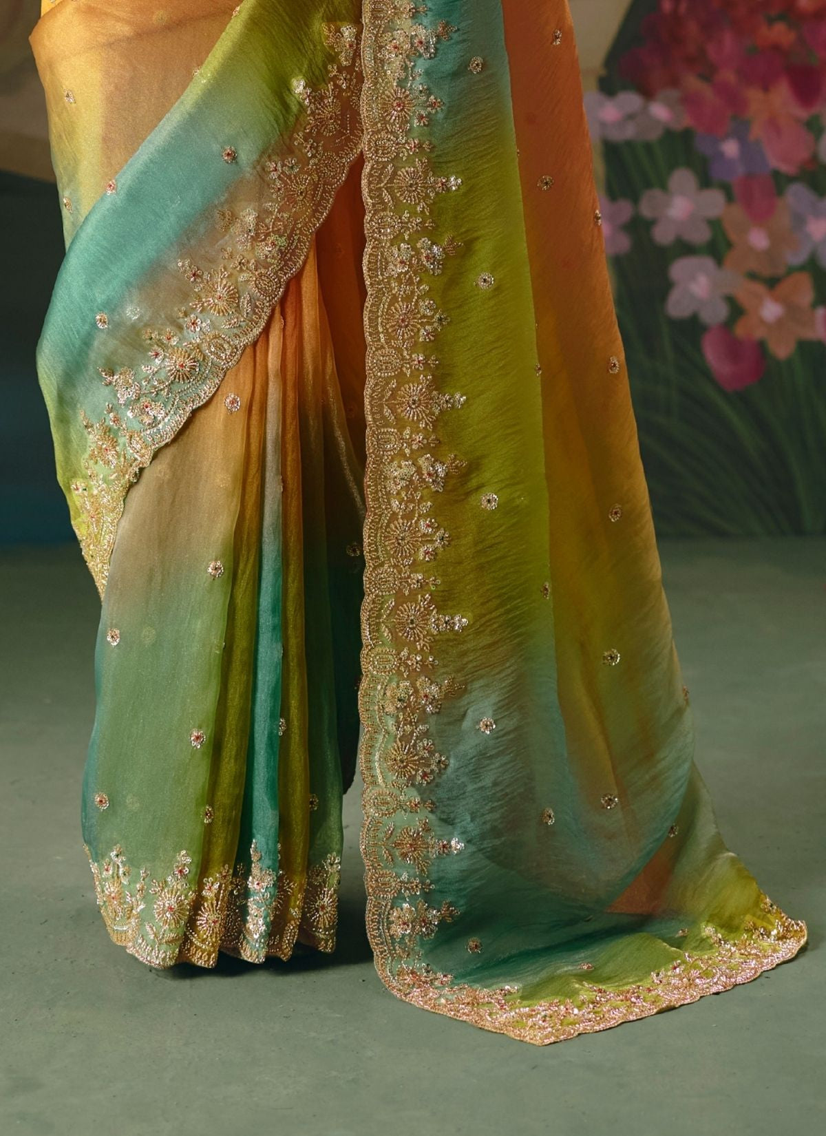 Orange & Green Soft Tissue Silk Designer Saree