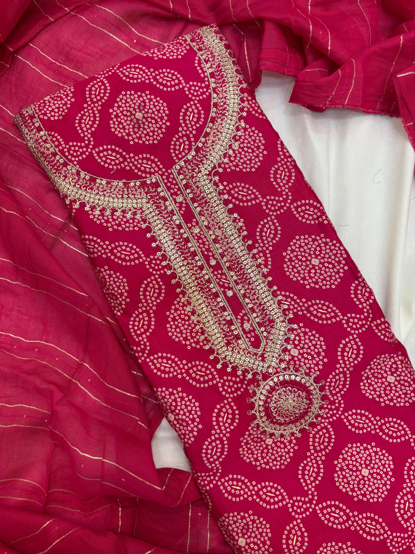 Zari Work with Chunri Print Unstitch Suit Set in Pink Color