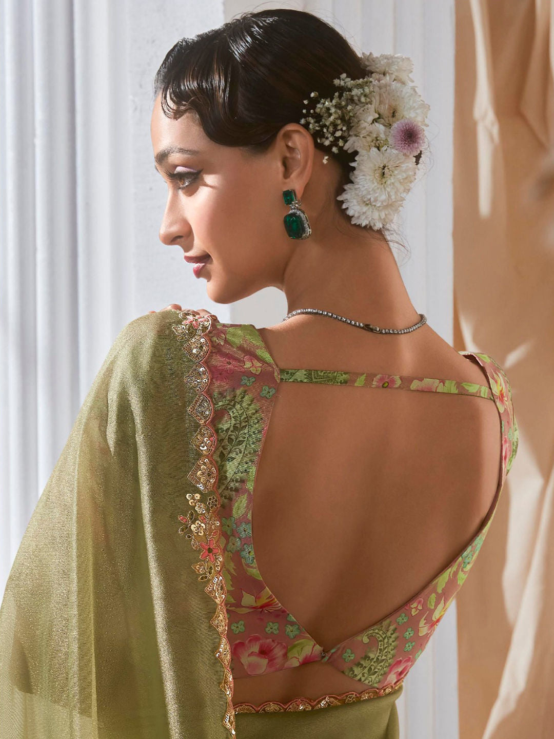 Sea Green Soft Organza Tissue Saree with Printed Blouse