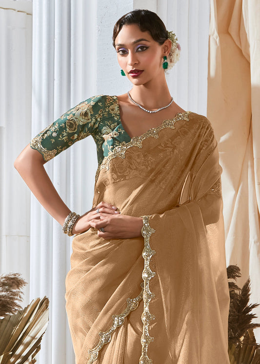 Sand Beige Organza Tissue Silk Designer Saree