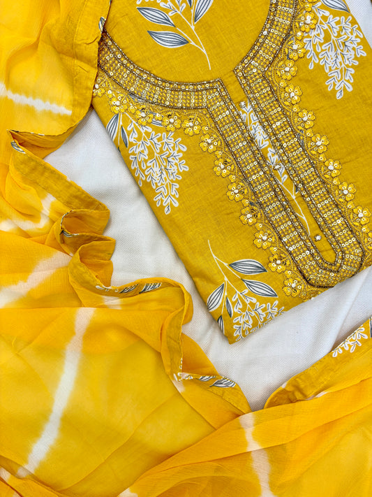 Floral Print with Handwork Cotton Yellow Unstitch Suit Set