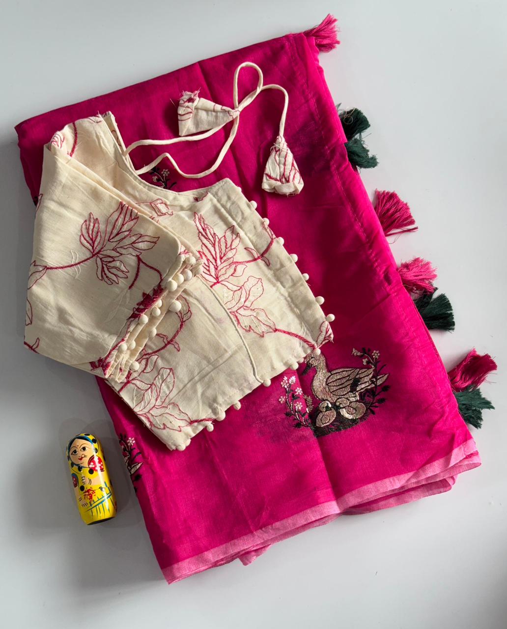 Chanderi Cotton Embroidered Saree with Readymade Blouse