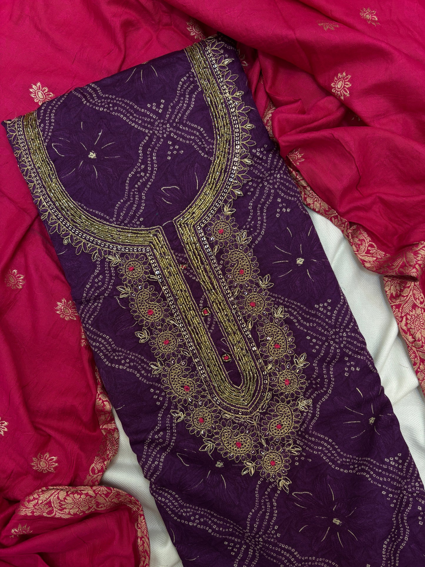 Purple Zari Work Unstitch Suit Set with Banarasi Dupatta