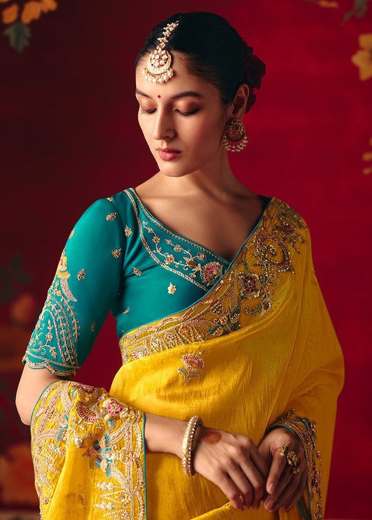 Yellow Organza Tissue Silk Heavy border Designer Saree