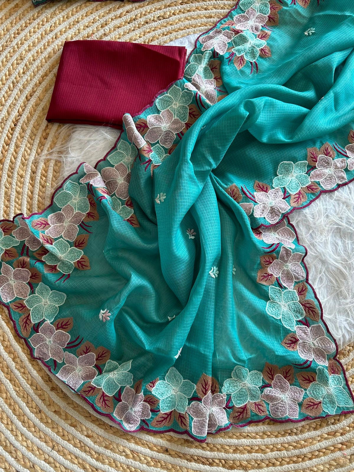 Soft Kota Doriya Saree with Embroidery Floral Work