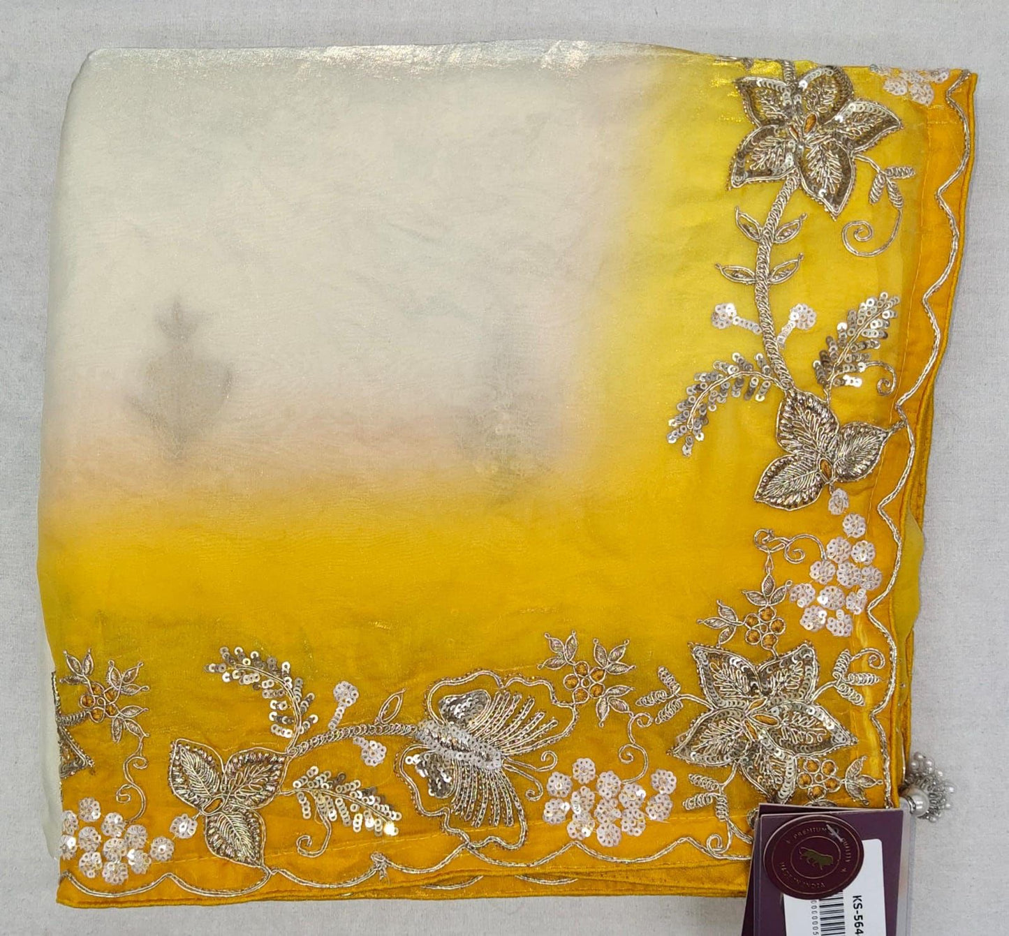 Ivory & Mustard Premium Gloss Tissue Silk Saree