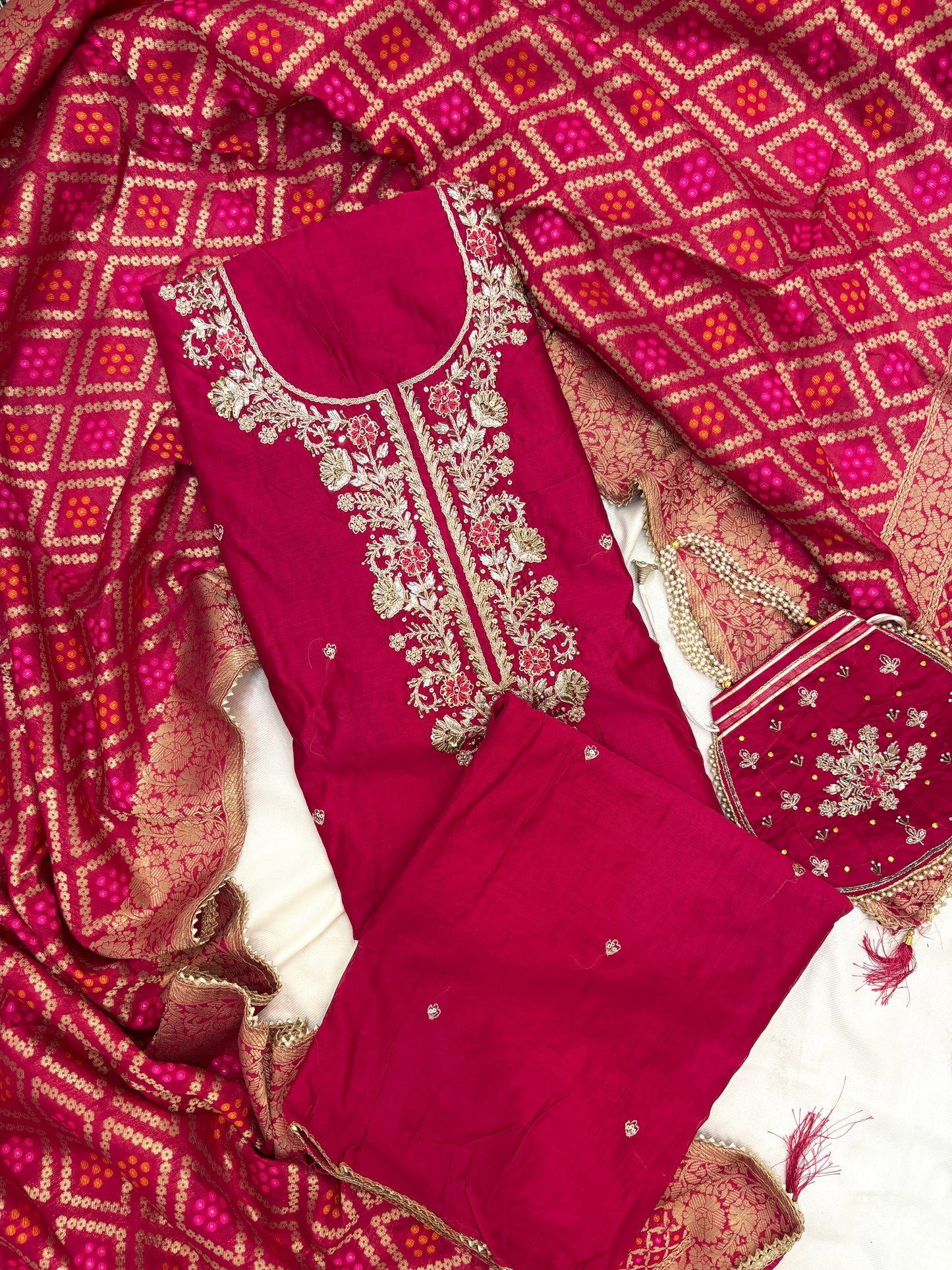 Beautiful Silk Zari Unstitch Suit Set with Potli Bag