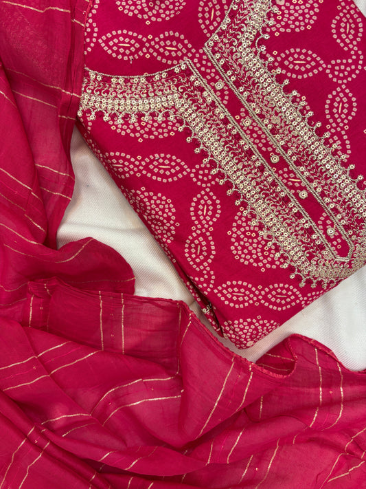 Zari Work with Chunri Print Unstitch Suit Set in Pink Color