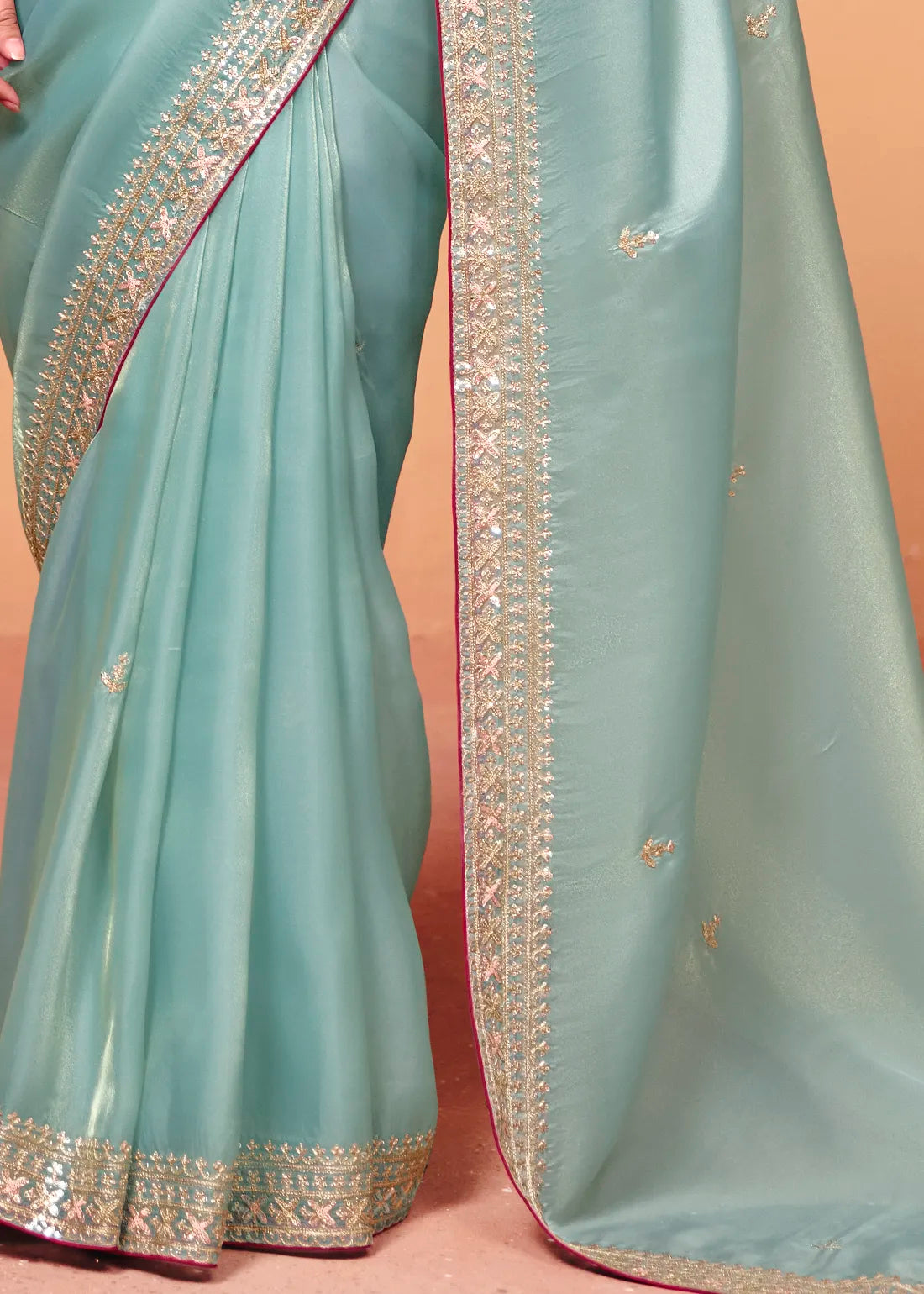 Sky Blue Soft Tissue Silk Designer Saree (Unstitched blouse)