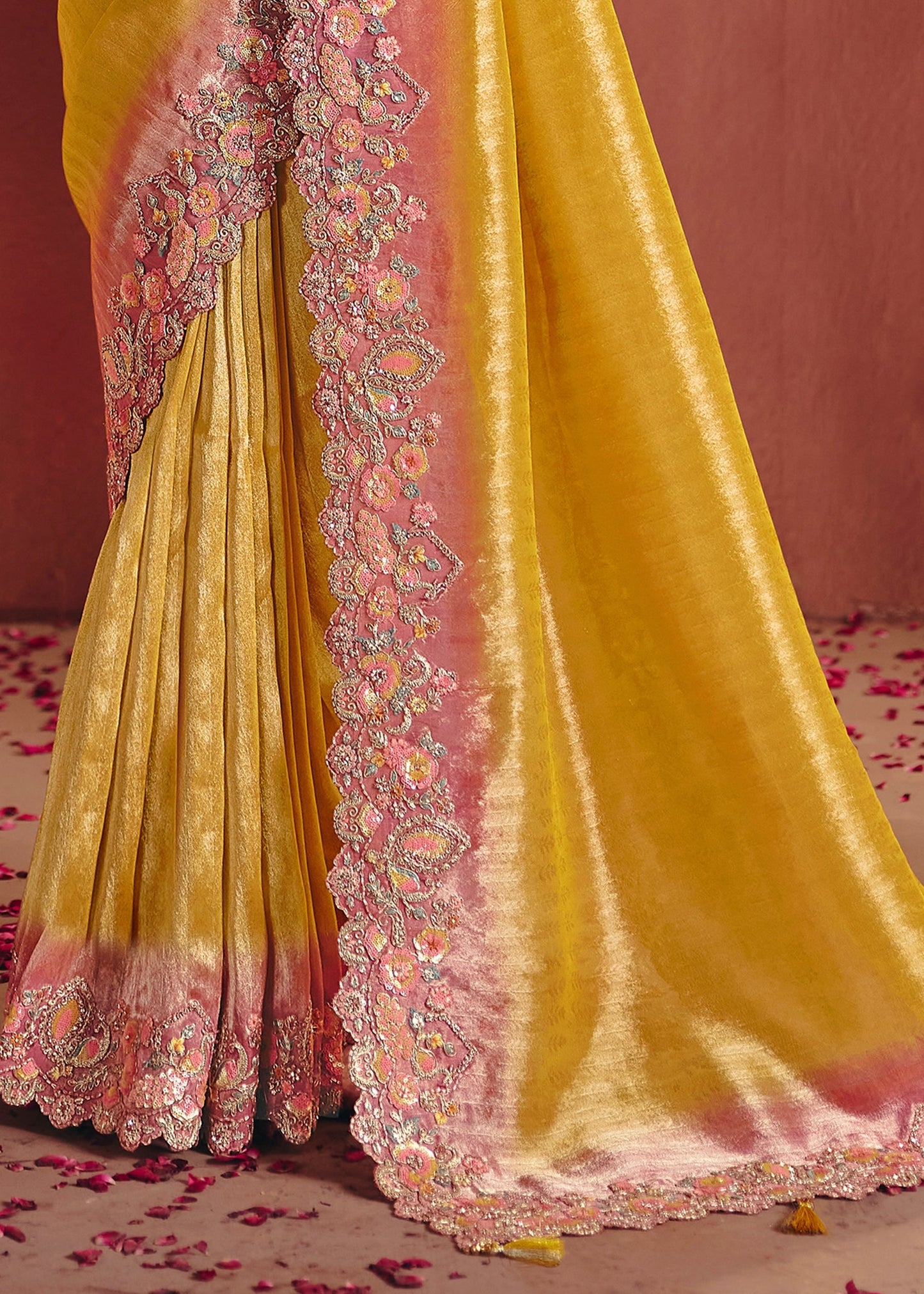 Mustard Yellow Heavy Border Gloss Silk Saree