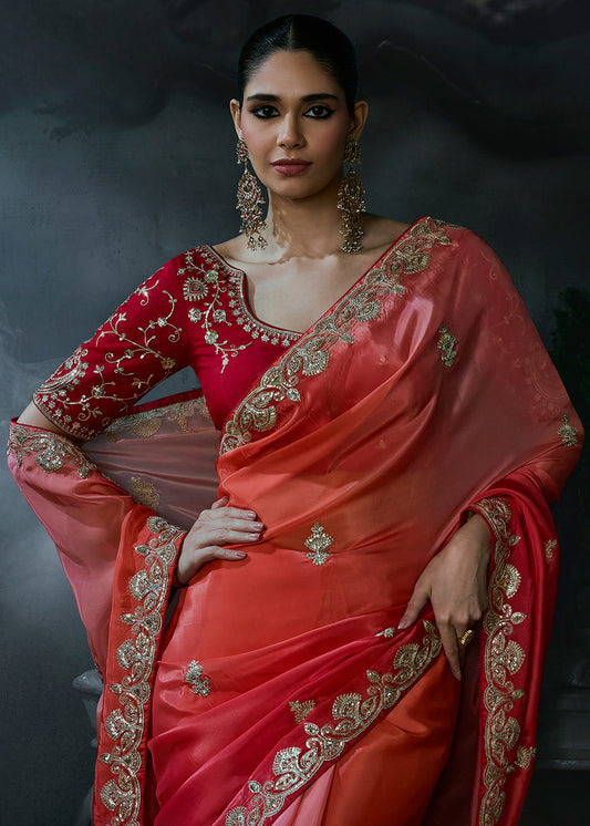 Orange Pink Ombre Tissue Silk Designer Saree