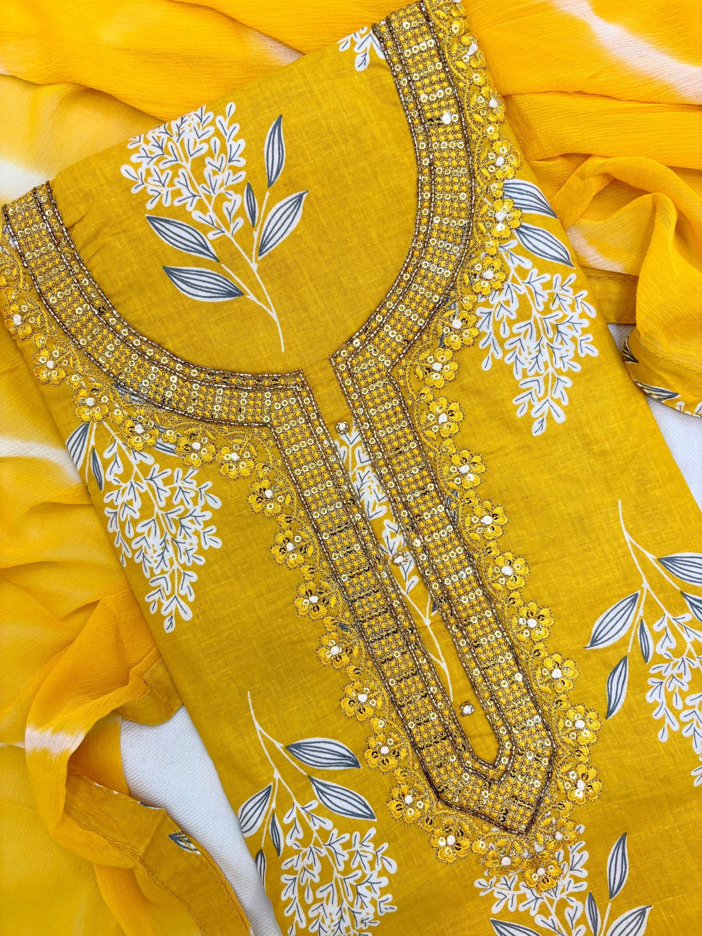 Floral Print with Handwork Cotton Yellow Unstitch Suit Set