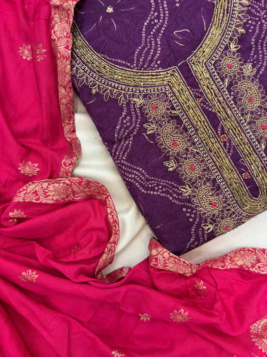 Purple Zari Work Unstitch Suit Set with Banarasi Dupatta
