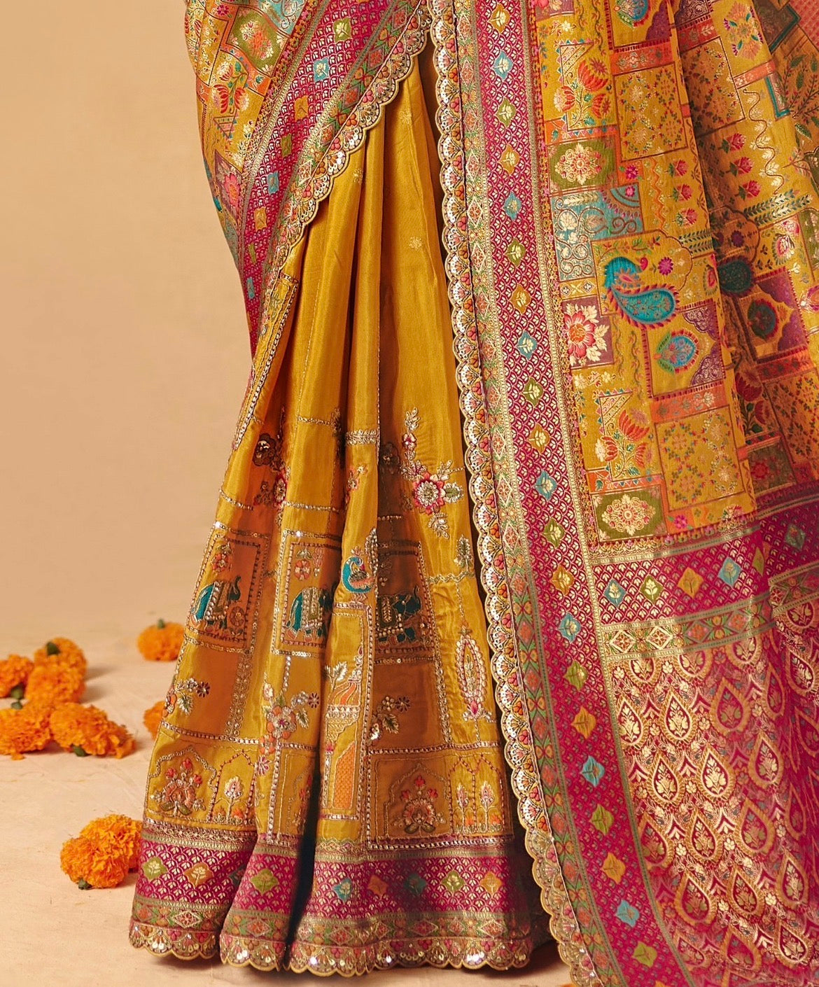 Yellow Dola Silk Half Embroidery & Half Position Print Saree