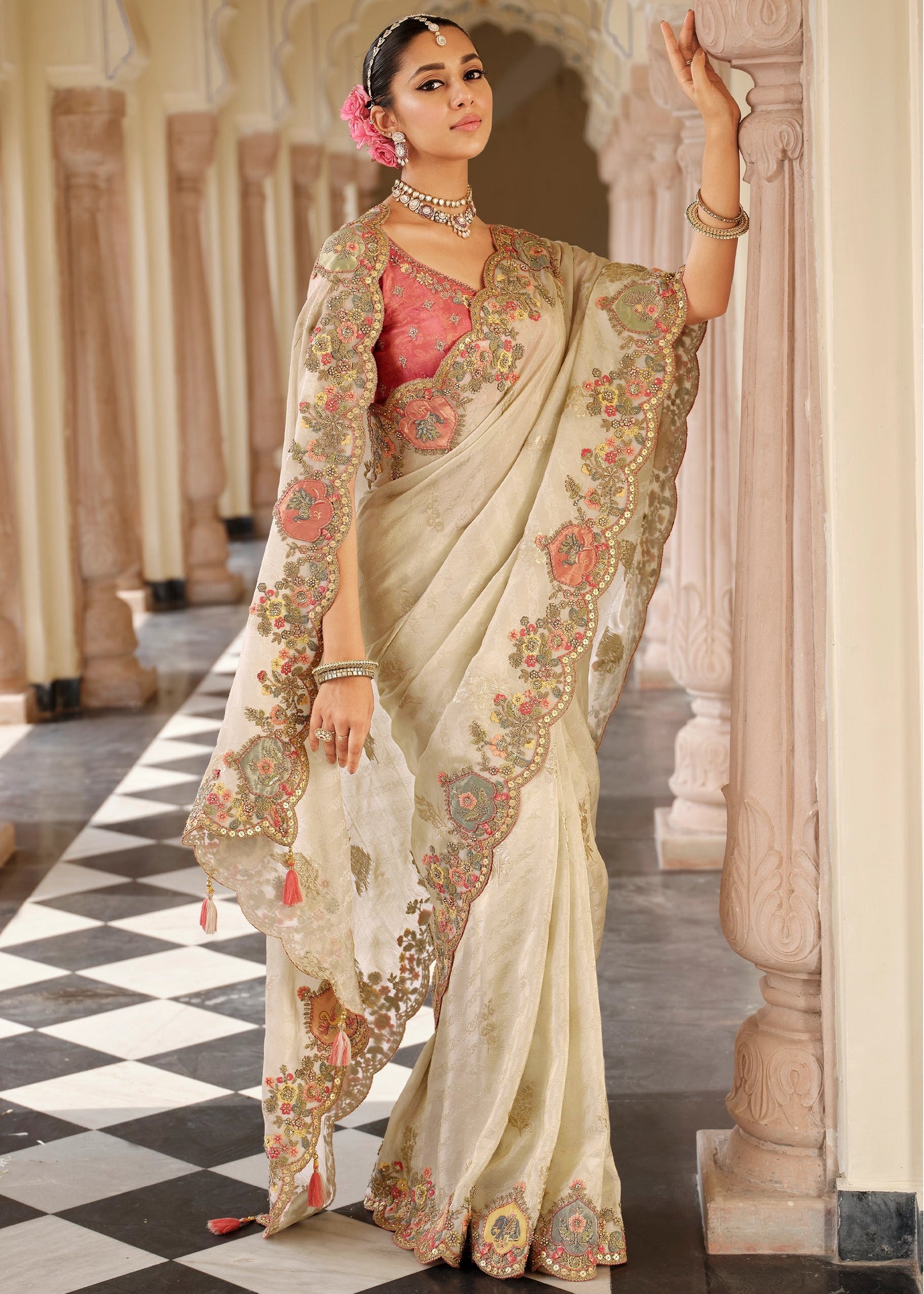 Cream Silk Traditional Saree with Silk Blouse & Embroidery Work
