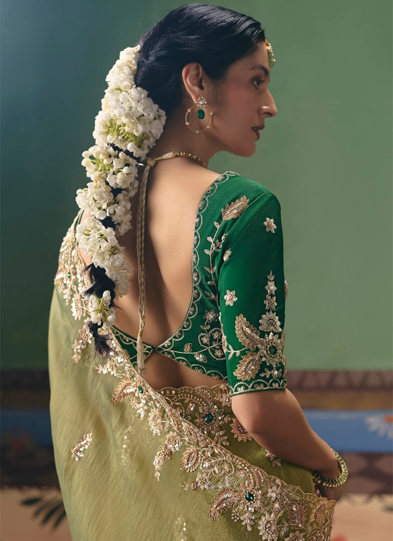 Olive Green Soft Tissue Silk Designer Saree