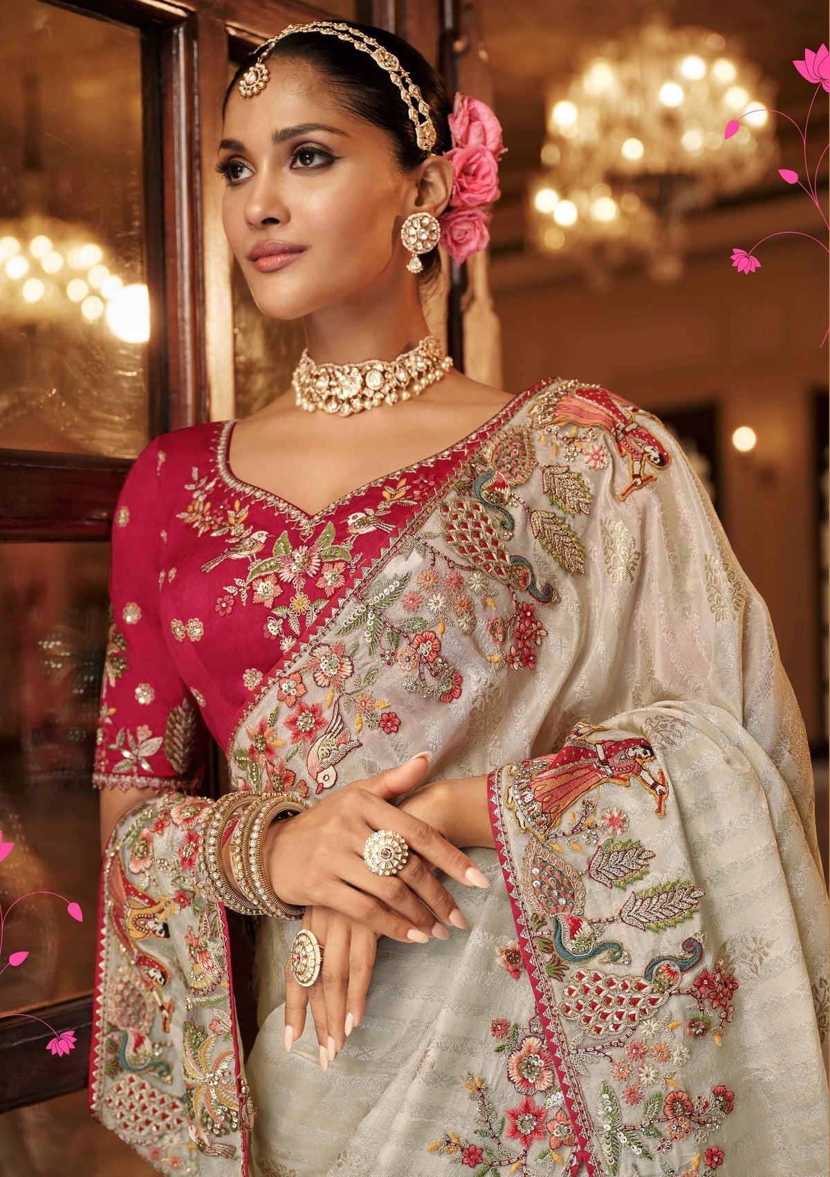 Creme Silk Traditional Saree with Maroon Heavy Blouse