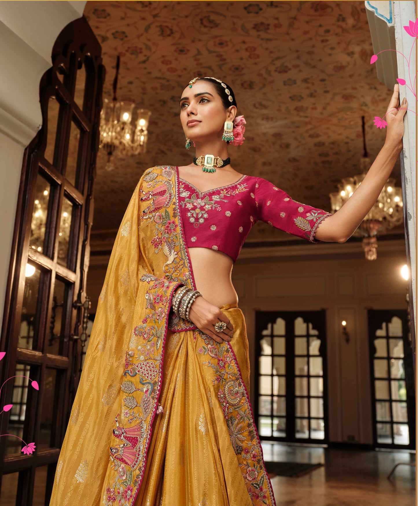 Mustard Yellow Silk Traditional Saree with Maroon Heavy Blouse