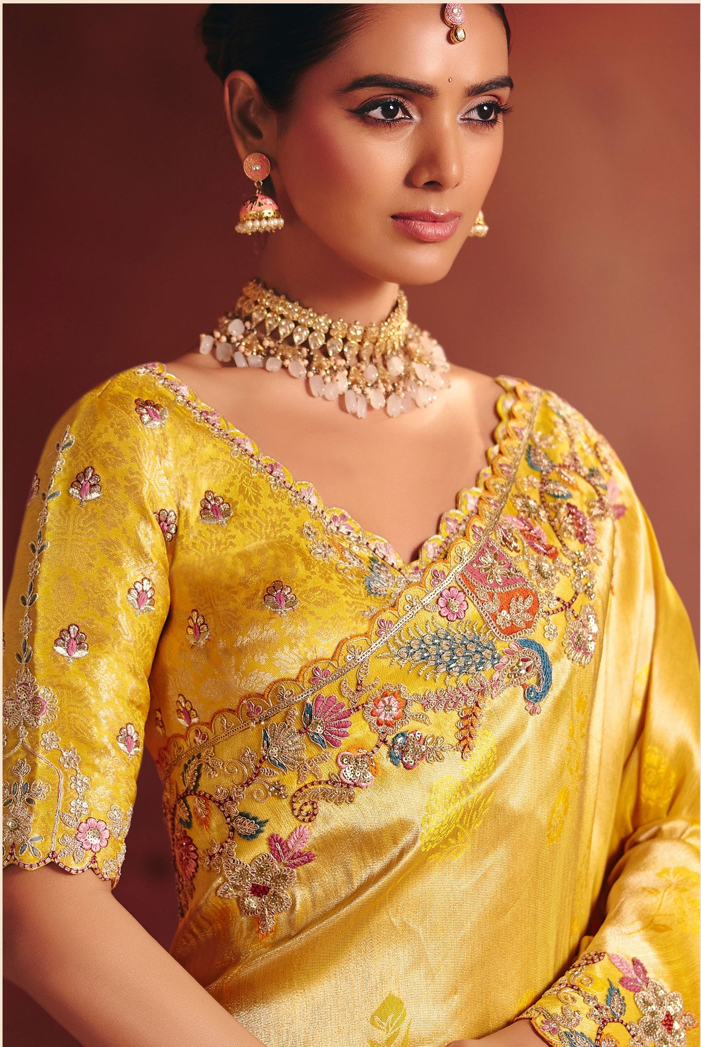 Mustard Yellow Zari Viscose Silk Saree With Mustard Yellow Blouse