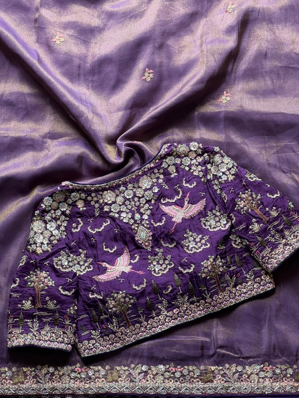 Lavender Tissue Silk Heavy Work Designer Saree with Readymade Blouse