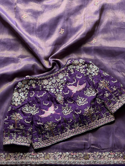 Lavender Tissue Silk Heavy Work Designer Saree with Readymade Blouse