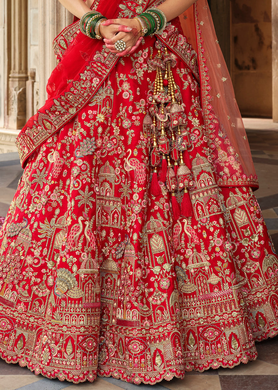 Red Raw Silk Bridal Wedding Lehenga Set With Heavy Net Dupatta