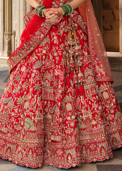 Red Raw Silk Bridal Wedding Lehenga Set With Heavy Net Dupatta