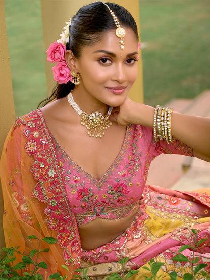 Pink & Yellow Silk Embroidered Designer Lehenga