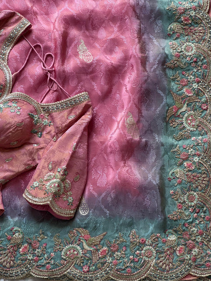 Dusty Rose Pink With Mint Green Border Zari Viscose Tissue Saree With Dusty Rose Blouse