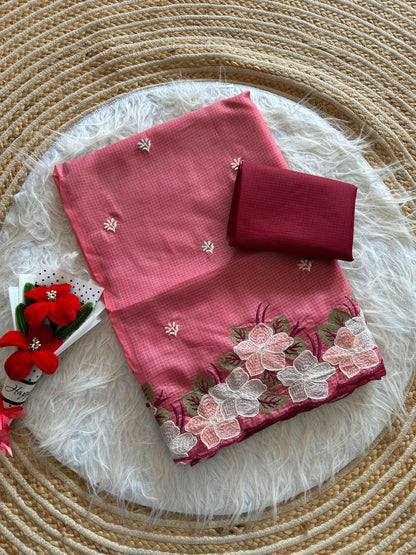 Soft Kota Doriya Saree with Embroidery Floral Work