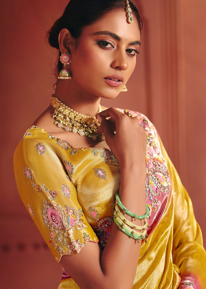 Mustard Yellow Heavy Border Gloss Silk Saree