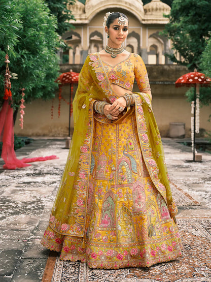 Golden Beige Silk Embroidered Designer Lehenga