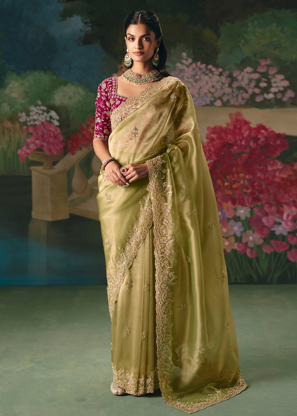 Pista Green Soft Tissue Silk Heavy Designer Saree