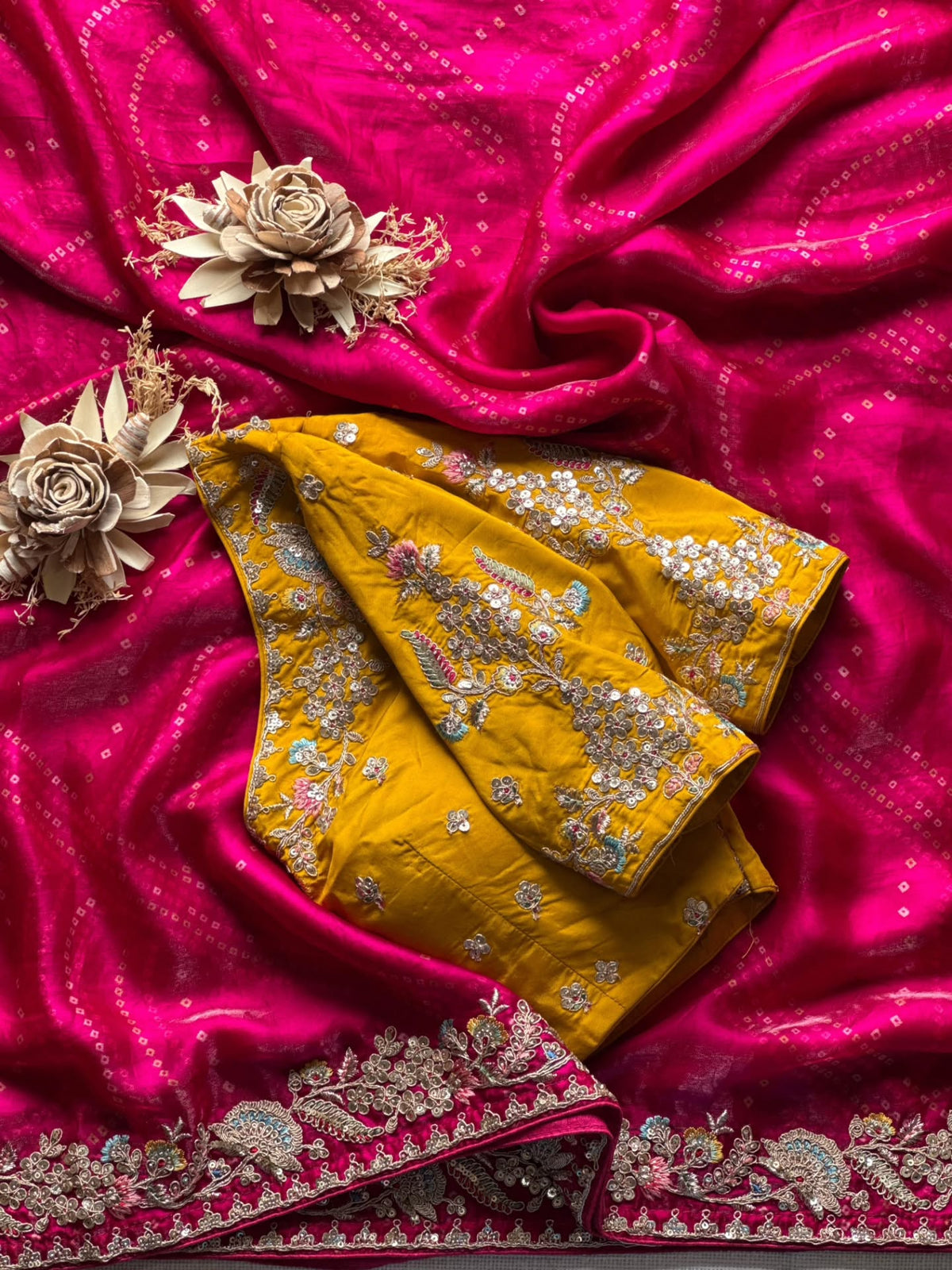 Pink Bandhej Saree with heavy work designer blouse piece