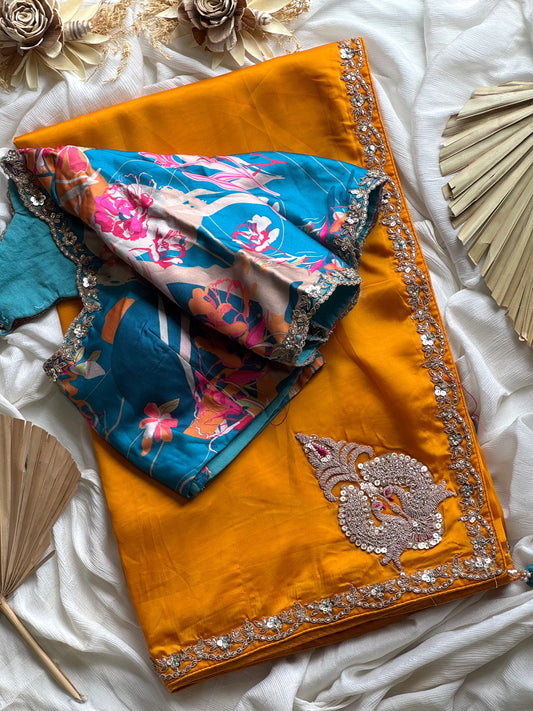 Mustard Yellow Tissue Organza Silk Designer Saree
