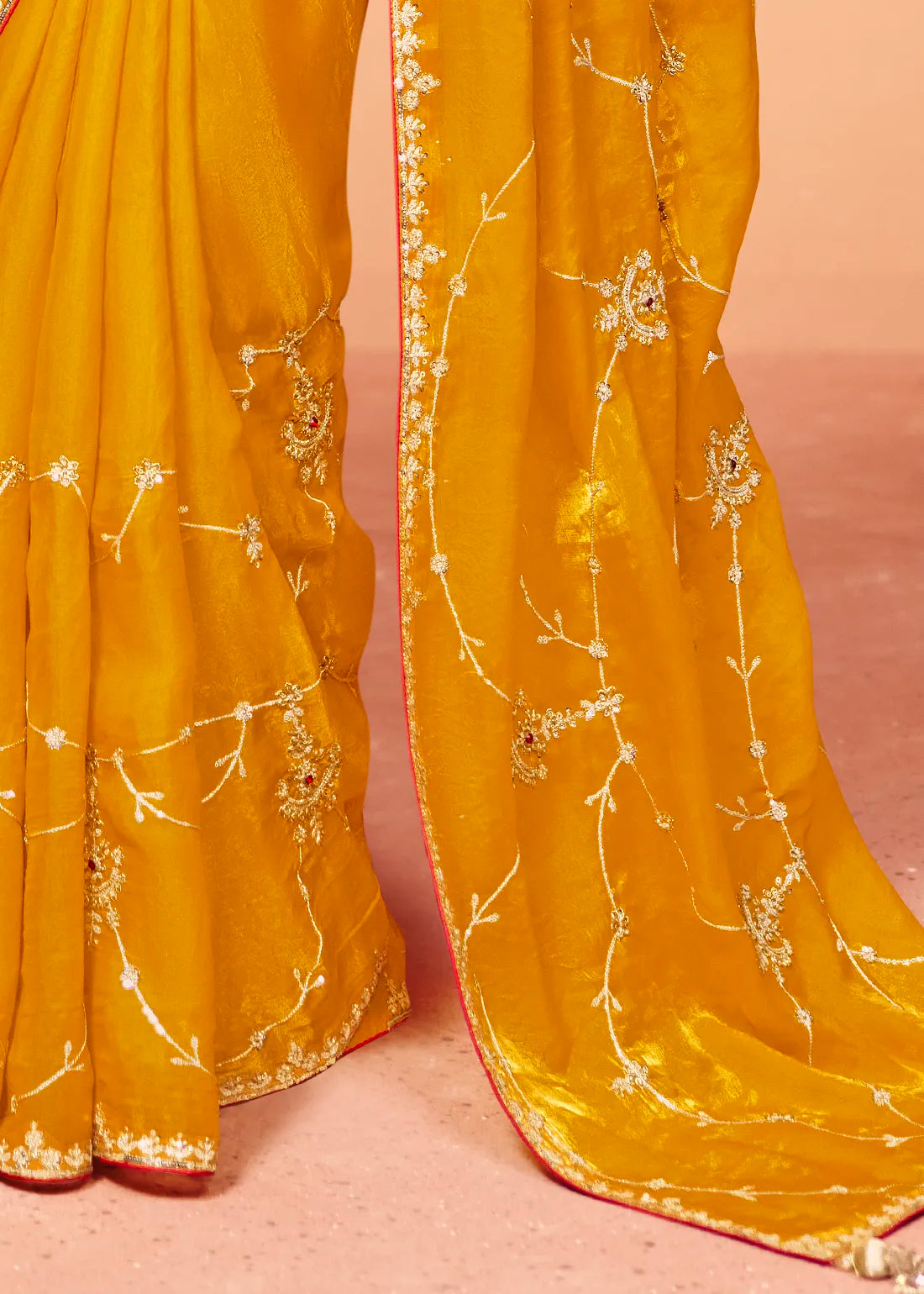 Yellow Soft Tissue Silk Designer Saree (Unstitched blouse)