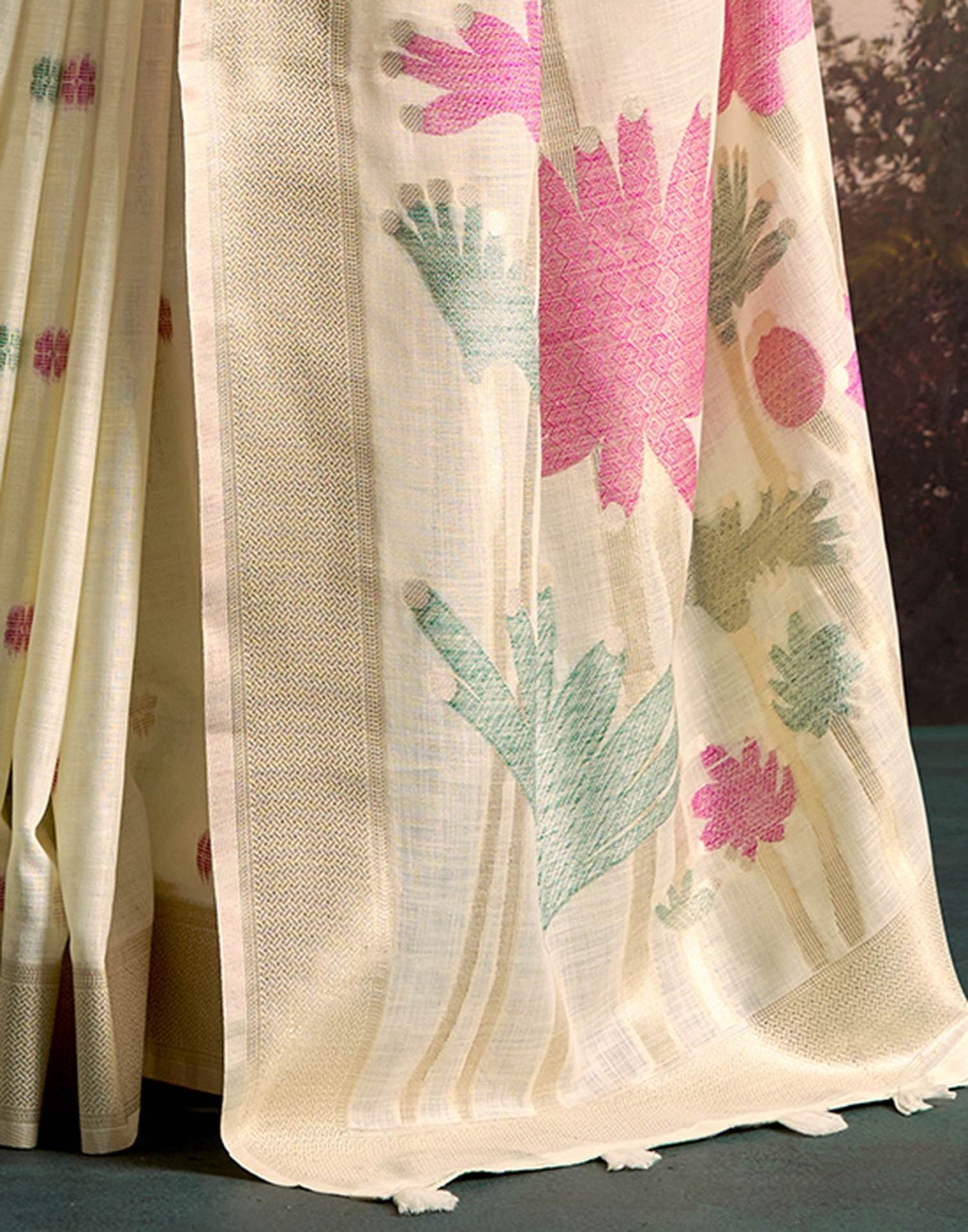 Pure Linen Silk Cream Saree with Weaving Work