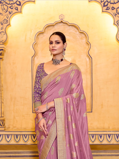 Lavender Crepe Silk Soft Saree With Contrast Blouse