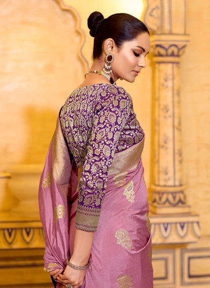 Lavender Crepe Silk Soft Saree With Contrast Blouse