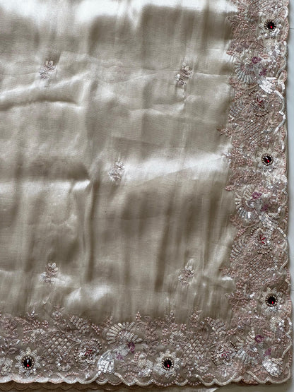 Cream Soft Tissue Silk Heavy Work Designer Saree