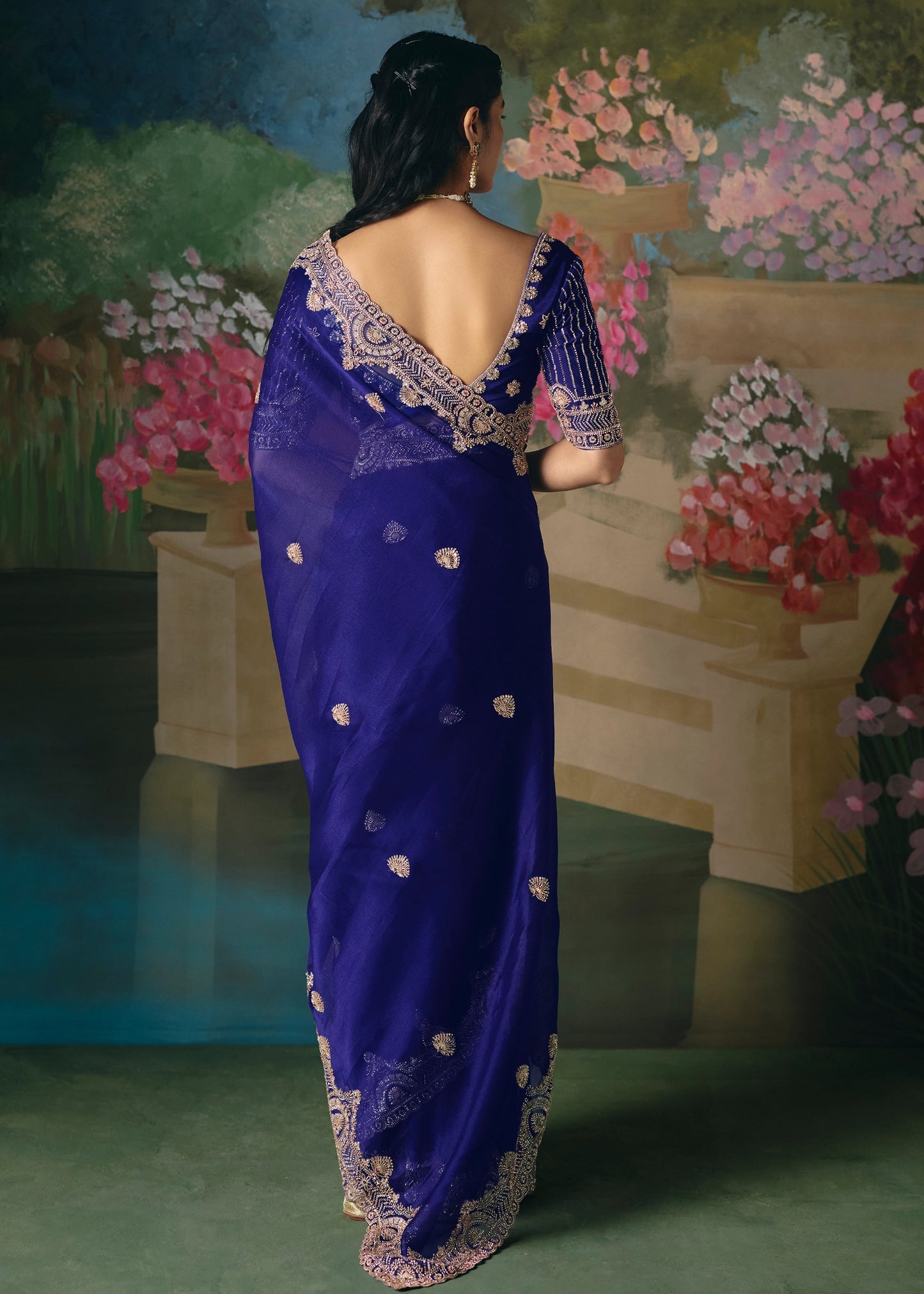 Royal Blue Soft Tissue Silk Heavy Blouse Designer Saree